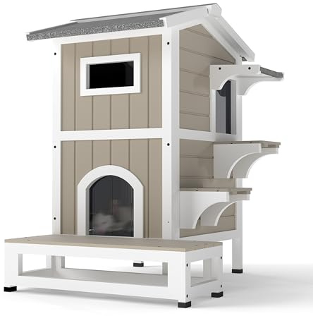 GoWoodHut Outdoor Cat House Weatherproof Cats Shelter for Feral Kitten Pet Houses for 1-2 Small Animlas 2 Story Wooden Houses for Indoor Outdoor Cats with Escape Doors (29.7D x 22.8W x 35.4H In)