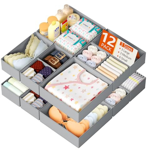 DIMJ Organizer Cassetti in Tessuto Non Tessuto Pieghevole – Lot of 12 Contenitori per Cassetti Biancheria, Calzini, Reggiseni, Intimo e Neonato, Grigio Chiaro