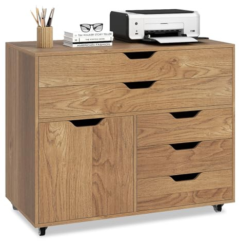 COSTWAY Rollcontainer mit 5 Schubladen & Schrank, mobiler Aktenschrank mit Rollen, Schubladenschrank mit Arbeitsplatte, Rollwagen Bürocontainer aus Holz für Zuhause, Büro (Natur,77,5 x 40 x 64 cm)