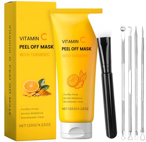 Kurkuma Vitamin C-Tonmaske, Peel Off Maske Gesicht, Mitesserentferner Maske, Entfernt Mitesser Effektiv, Sorgt Für Strahlende Haut, Enthält 4 Pickel Extraktor + 1 Bürste