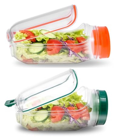Salad Pod Jar 700 ml, Vertical Layering Salad Pod with Dressing Case and Detachable Lid, Side Opening Jar for Lunch, Leakproof Fruit Storage Jars for Office School Picnic and Travel (Green+Orange)