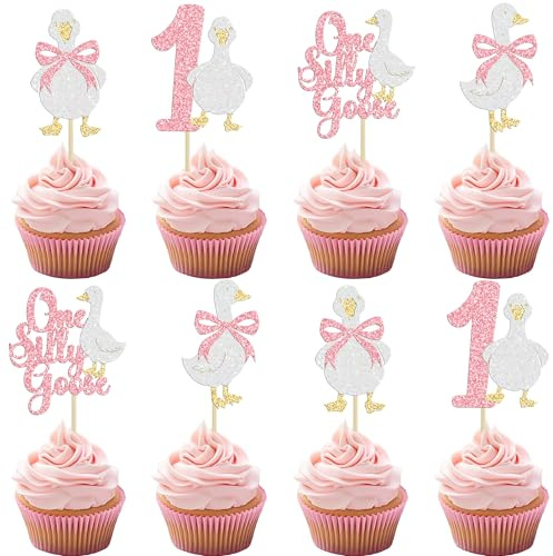 Ephlyn 24Pcs One Silly Goose Cupcake Toppers First Birthday Decorations Silly Goose 1st Birthday Cupcake Pick for Baby Shower Boys Girls First Birthday Party Supplies Muti White Pink