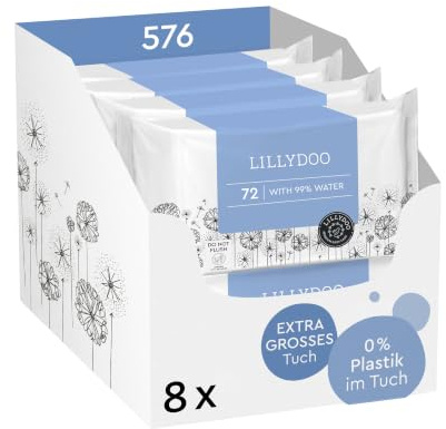 LILLYDOO Baby Feuchttücher mit 99% Wasser, XXL Tuch, 576 Stück (8 x72) | 100% plastikfrei, ohne Parfüme & mild wie Watte & Wasser,sanft reinigend für empfindliche Haut,Dermatologisch getestet