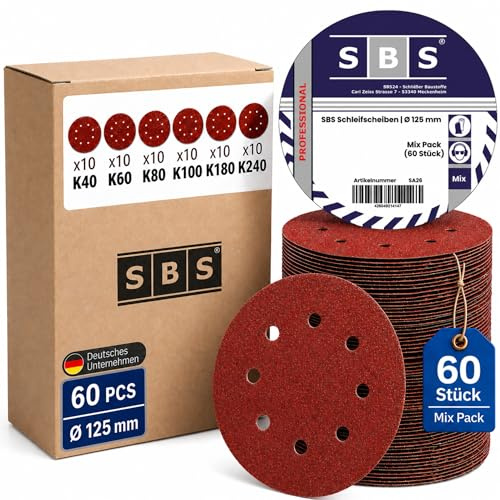 60 Stück | SBS® Schleifscheiben| Ø 125 mm | 8 Loch | Körnung je 10 x 40/60/80/120/180/240 - Exzenter-Schleifer