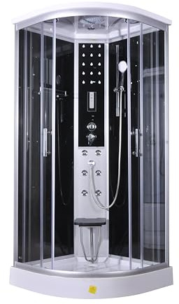 SANOTECHNIK Komplettdusche DREAM 90 x 90 cm mit Schnellmontage | 5 mm ESG-Glas, schwarze Glasrückwand, 6 Massagedüsen, Touchscreen mit Radio, LED-Beleuchtung und Klappsitz