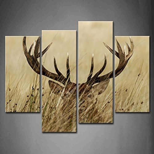 4 Panel Wall Art Deer Stag With Long Antler In The Bushes Painting The Picture Print On Canvas Animal Pictures For Home Decor Decoration Gift piece (Stretched By Wooden Frame,Ready To Hang)
