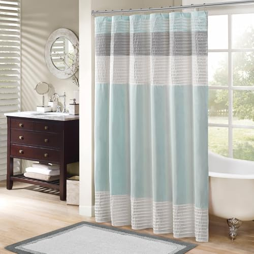 Madison Park Bathroom Shower Faux Silk Pieced Striped Modern Microfiber Bath Curtains, Polyester, Aqua, 72 W x 72 L (Pack of 1)