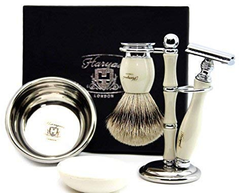 Men's Shaving Classic Horn Replica Set Featuring Top Grade Silver Tip Badger Brush, DE Safety Razor, Dual Brush & Razor Stand, Stainless Steel Shaving Bowl & Soap > Gent's Grooming Kit