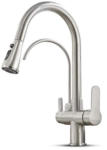 MENATT Filter Kitchen Faucet with Drinking Water, High Arc Pull Down 3-Way, 3 in 1 Sink Cold and Hot Mixer Tap (Brushed Nickel)