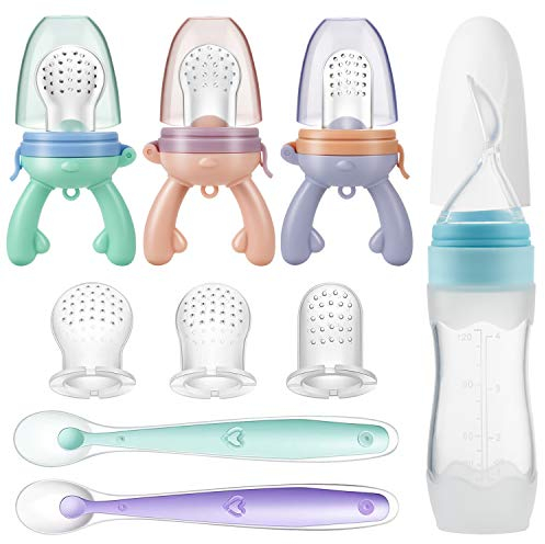 PandaEar Alimentador de Frutas Frescas para Bebés con Chupete Mordedor | Cuchara Dispensadora de Alimentos | Bolsas de Silicona Suave de Grado Alimenticio y sin BPA | Cucharas Suaves