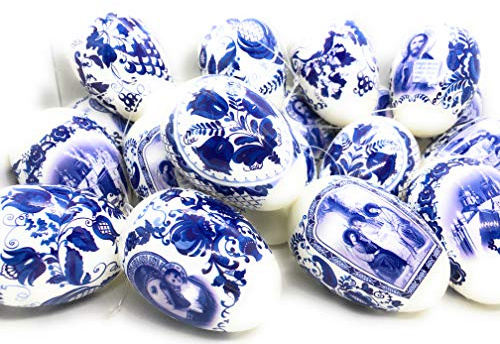 Ukrainisches Kunsthandwerk 21 Kunststoff Ostereier zum Aufhängen Gzhel Blau Weiß – mit Folie bezogen – wetterfest für Innen und Außen – Osterbaum Deko Set