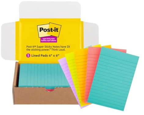 Post-it Super Sticky Lined Notes, 5 Sticky Note Pads, 4x6 in, 2X the Sticking Power, School Supplies, Office Products, Sticky Notes for Vertical Surfaces, Monitors, Walls and Windows, Bright Colors