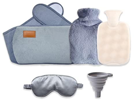 Hitopin 3 in 1 Borsa Dell'acqua Calda, con Copertura in Vita+Morbida Copertura in Peluche+Maschera per Gli Occhi+Imbuto, per Alleviare i Dolori Muscolari, Mestruali e Articolari (1L, Grigio)
