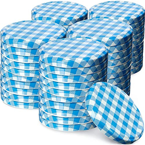 KADAX Jar Lids Ø 82 mm, Secure Metal Lids with Six Threads, Jar Seals Replacement, Twist Off Closure for Pickling and Preserving (Blue Grid, Set of 50)