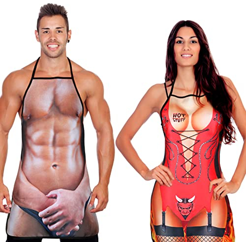 Neer 2 Stück Lustige Geschenke Set für Herren Damen Neuheit Grillschürze Muskel Kochschürzen Verstellbar Wasserdicht Küchenschürze für Weihnachten BBQ Party Erwachsene Paare (Dämon Stil)