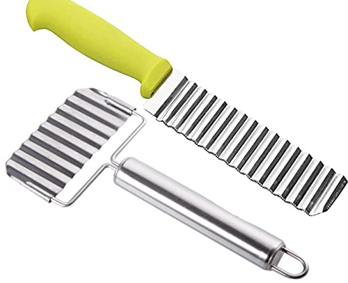 Wellenschneider aus Edelstahl, 2 Stück Riffelmesser Mit Zwei Klappbare Schälmesser, Gemüse, Kartoffelschneider Kartoffel Buntmesser, Wellenmesser