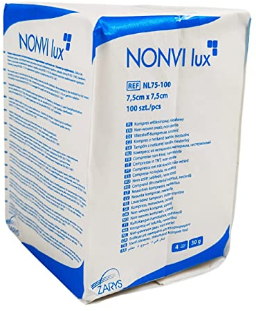 Zarys NONVI - Tessuto non tessuto lux non sterile, peso 30 g/m², medicazione assorbente a 4 strati, dimensioni 7,5 cm x 7,5 cm (100 pezzi)
