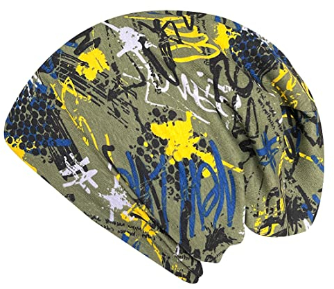 Wollhuhn ÖKO Jungen/Mädchen Bequeme Skater Long Beanie/Mütze/Beanie-Mütze/Strickmütze/Kinder-Mütze Jersey Gefüttert Übergangszeiten (Öko-Stoffe/Bio) 20220620 (Graffiti Khaki/Gelb, M)