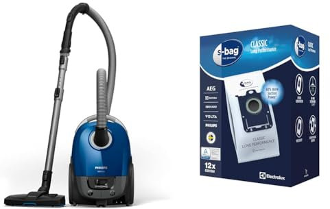 Philips Performer Compact Série 3000 Aspirateur avec Sac - 900 W avec Filtre Anti-Allergènes & Sacs Aspirateurs Electrolux, Boite de 12 Sacs S-Bag® Classic Long Performance