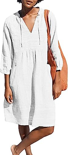 Lafural Womens V Neck Cotton Casual Loose Shift Tunic Smock Summer Dresses Vacation Dress 3/4 Sleeve Pocket White M