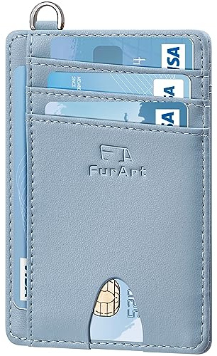 FurArt Fin minimalistisk plånbok, RFID-blockerande kreditkortshållare för kvinnor och män, med demontering D-schackel, Blå grå, Klassisk