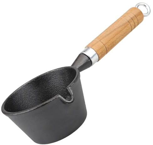 Cast Iron Pot, Egg Frying Pan Butter Warme Iron Oil Heating Pot with Wooden Handle for Kitchens Cooking, 4.3x10.8 Inch