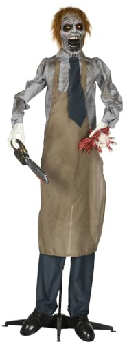 HOMCOM Halloween Dekoration 170cm Kettensägenmörder mit beweglichem Körper, Augenglühen, Garten Deko mit verstellbarem Arm für Indoor, Outdoor
