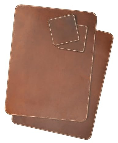 Angus Stoke Premium Echt-Leder-Tischset inkl. Untersetzer – Platzset aus hochwertigem Büffelleder mit Ziernaht abwischbar (4X Set Dunkelbraun)