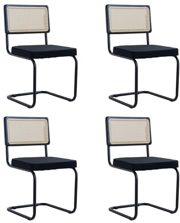 GrandCA HOME Modernes 4er-Set Esszimmerstühlen mit Rückenlehne aus Natürlichem Rohrgeflecht und Gestell aus Metallstahl, Gepolsterte Rattan-Küchenstühle,Schwarz-1