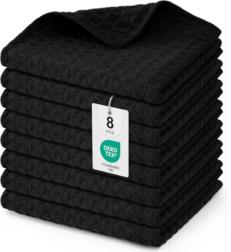 Moosfor Microfasertücher 8er-Set 30 x 30 cm Geschirrtücher Schwarz | Dicke saugfähige, Fusselfrei Küchentücher Trocknen Geschirr und Theken Schnell, Geeignet für Küche, Barista Tuch, Haushalt