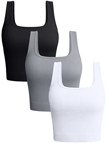 OQQ Damen 3-teiliges Tank-Top Gerippt Nahtlos Workout-Shirts Yoga Bauchfreies Top