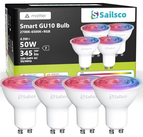 sailsco Matter Alexa Glühbirne Smart Lampe GU10,WiFi LED Lampe Kompatibel mit Alexa/Google Home,Kontrolle durch Smart Life APP,Dimmbar Warmweiß-Kaltweiß und Mehrfarbige Birne,4.5W 345LM,4 Stück