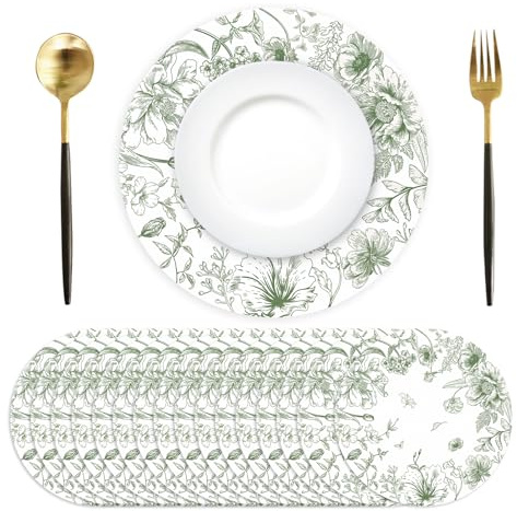 50 Pack Paper Placemats Disposable Green Floral Placemats 13.7 Inch Vintage Sage Green Flower Place Mats Chinoiserie Round Table Mats for Dinner Table Setting Birthday Wedding Party Supplies