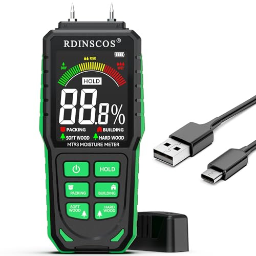 RDINSCOS Rechargeable Pinless Moisture Meter, Damp Meter for Walls Caravan Wood Masonry Logs, Non-Invasive Damp Tester Detector with LCD Color Display, Visual & Audible Alarm, Storage Bag(Pin Type)
