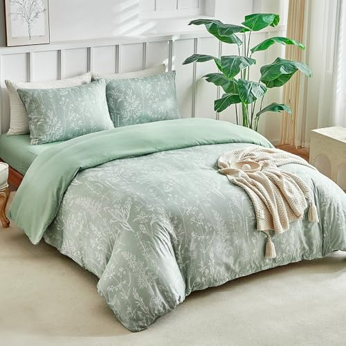 Tokokimo 4 piece Double Bedding set with Fitted Sheet, Floral Double Duvet Cover Set 4 Piece Sage Green Bedding Set (1x Duvet Cover, 2x Pillowcases, 1x 40cm Deep Fitted Sheet)