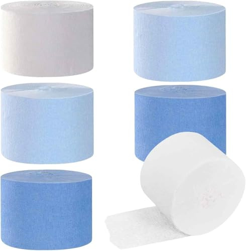 6 Rollen Staubiges Blau Hellblau Weiß Krepppapier und Bänder Party Dekoration, Krepppapier Luftschlangen Party Deko, Babydusche