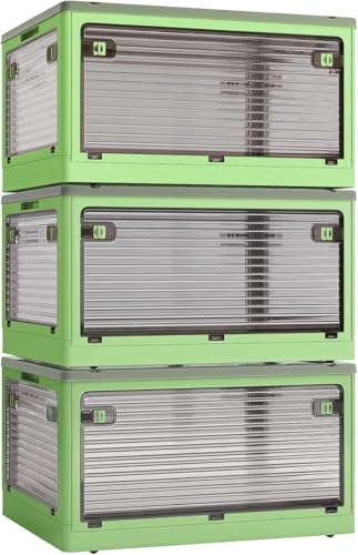 Roqao 3 Pack Aufbewahrungsboxen mit Deckel 50L Kunststoffboxen mit Rollen | Zusammenklappbare Kisten Aufbewahrung Transparent Storage Boxes mit Fünf Türen Stapelkisten Lagerboxen Grün (48×36×85.5cm)