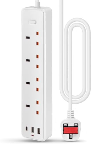 MAXBROTHERS Expansion Lead, with Usb Slots (2 Usb-A,1 Usb-C), 1.2m Cable, 4-Channel Multi-plug Extender, 1700j Surge Protection, Wall-Mounted Socket, Suitable for home, bedroom, kitchen and office