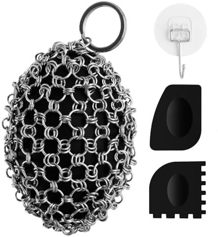 Spazzola per padelle in ghisa, pulitore di pentole con 2 raschietti, spazzola di pulizia a catena per piatti, pentole, padelle, griglie, grill (Acciaio inossidabile, Anello grande)