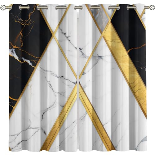 Kinder Gardinen Kinderzimmer Junge Mädchen Blickdicht Marmorspleiße In Schwarz, Weiß Und Gold 140X160Cm 2Er Set Verdunkelungsvorhang Thermovorhang Hitzeschutz Vorhänge Wohnzimmer Schlafzimmer Vorhä