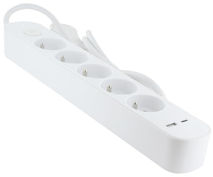 Chacon - Regleta de enchufes (5 x 16 A, USB-A+USB-C-FR, Conector Plano, Cable de 1,5 m, 30% plástico Reciclado, 5 x