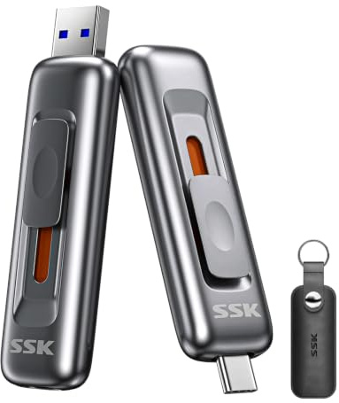 SSK Clé USB 1 To jusqu'à 550 Mo/s SSD externe USB C+A 3.2 | Smart & Trim Clé USB A 3.2 Gen2 à double port en métal pour iPhone 15/16/téléphone Android/Mac