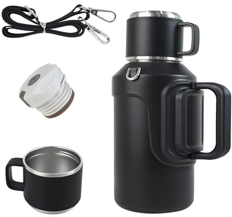 MIGHTYDUTY 1,5L Bouteille Isotherme Gourde Inox 316, 24h Chaude & Froide, Gourde Isotherme avec Tasse, Poignée, Passoire à Thé & Bandoulière, Noir 1,5L