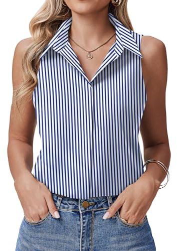 HOTOUCH Sleeveless Blouse Summer Collared Tops for Women Work Stylish Button Down Business Casual Blouses Blue Striped L