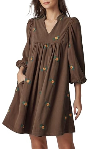 EZAPINE Corduroy Dress Women Embroidered Fall Winter Empire Waist V Neck Babydoll Mini Dress with Pockets Brown