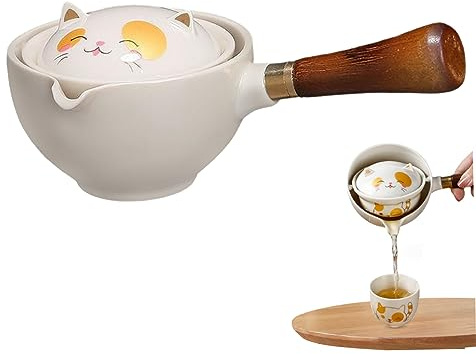 Gcroet tekanna 360 graders rotation söt katt keramisk kinesisk tekanna med avtagbar sil och trähandtag tebryggare för lösa te tillverkningsverktyg.