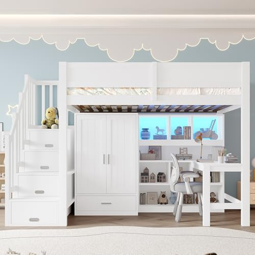 Cama alta con escritorio y armario, 90 x 200 cm, cama multifunción blanca con estante, escalera de almacenamiento e iluminación ambiental, cama de trabajo que ahorra espacio para niños y jóvenes