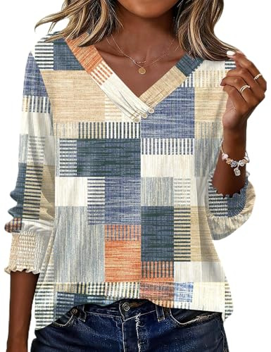 Rapbin Blusa Mujer Manga 3/4 Camisa Elegante Cuello de Pico Túnica Verano Tops Casual Top con Botones 2026