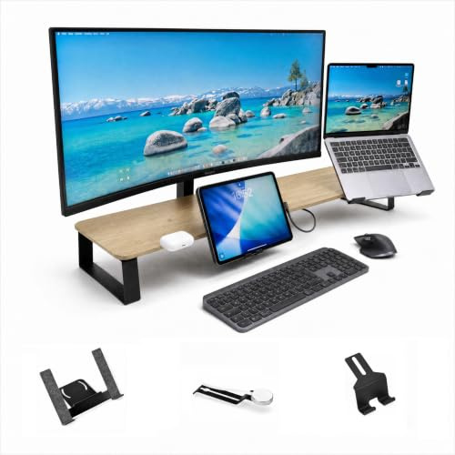 Monitorständer Desk Shelf 120 cm Eiche | Monitorerhöhung Holz mit modularem Schienensystem | Schreibtisch-Organizer für Home Office