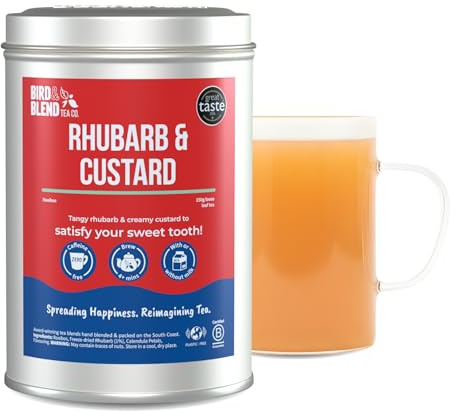 Bird & Blend Rhubarb & Custard Tea 150g Tin, Naturally Caffeine Free | Sweet Dessert Style Vanilla Flavour - Loose Leaf Rooibos